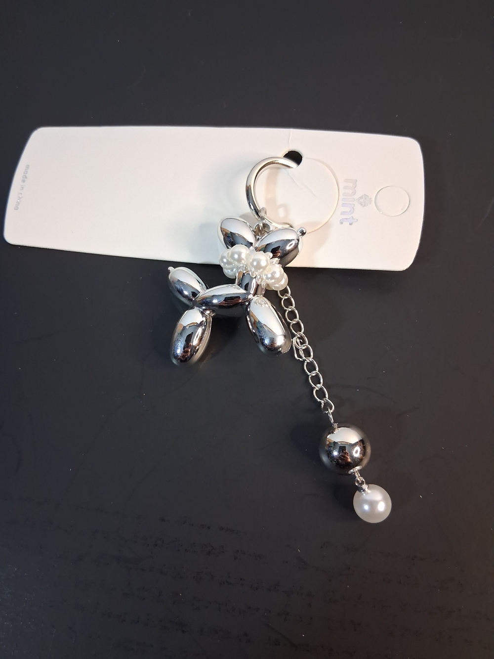 Mint Silver Balloon Dog Keychain with Pearl Accents